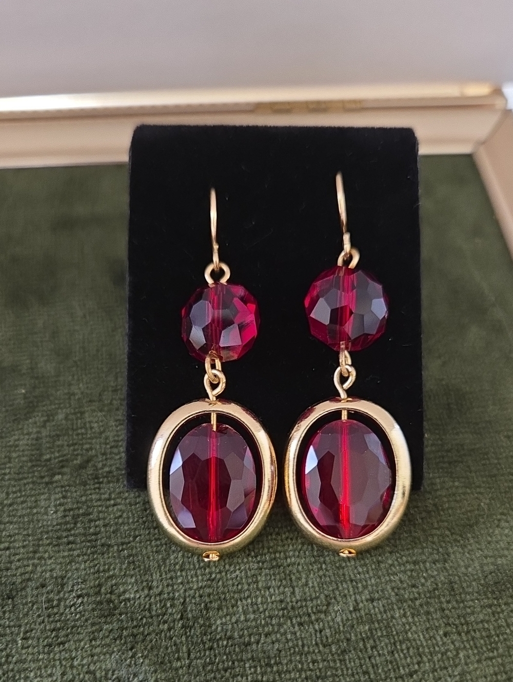 Vintage Gold-Tone Earrings with Rose Red Faceted Stones